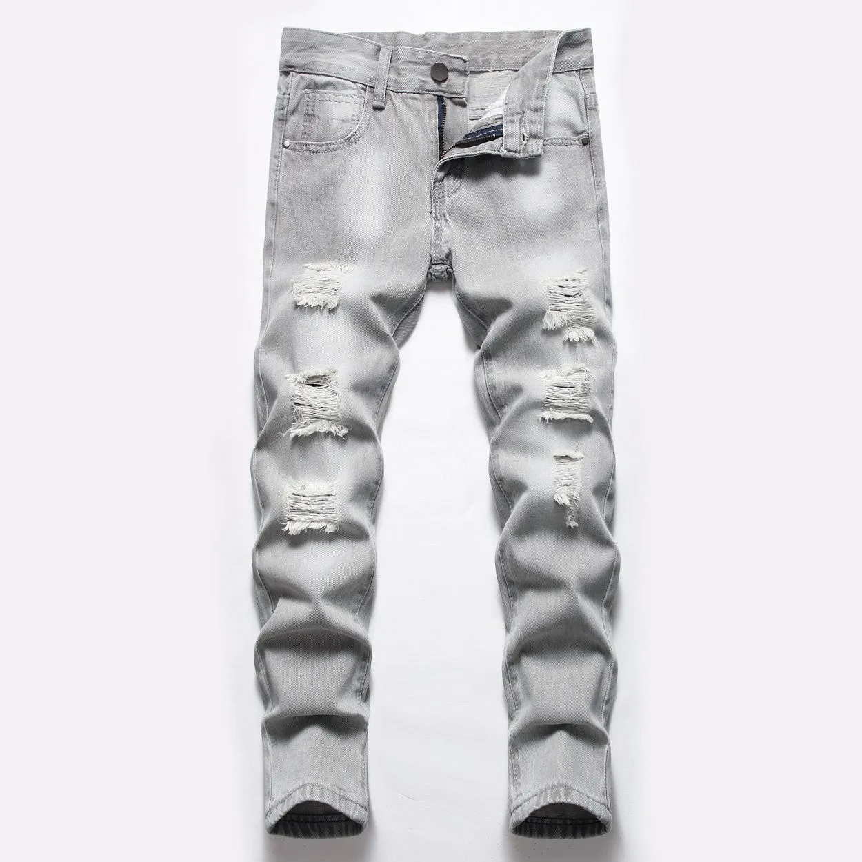 Premium Look Relaxed Basics Boys Light Gray Ripped Straight Pants Denim Trousers