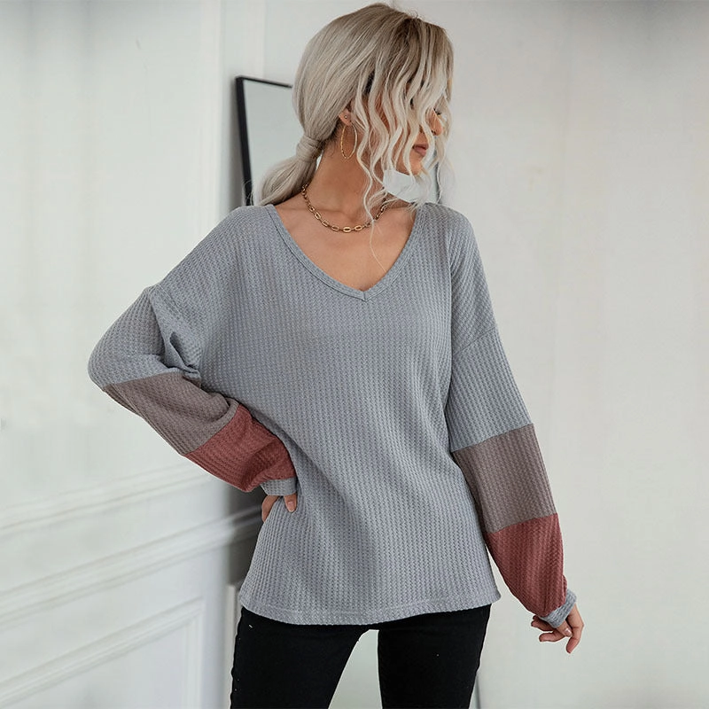 Kangaroo Pocket Style Squirrel like New Color Blocking Long Sleeve Waffle V-neck Pullover Knitted Top