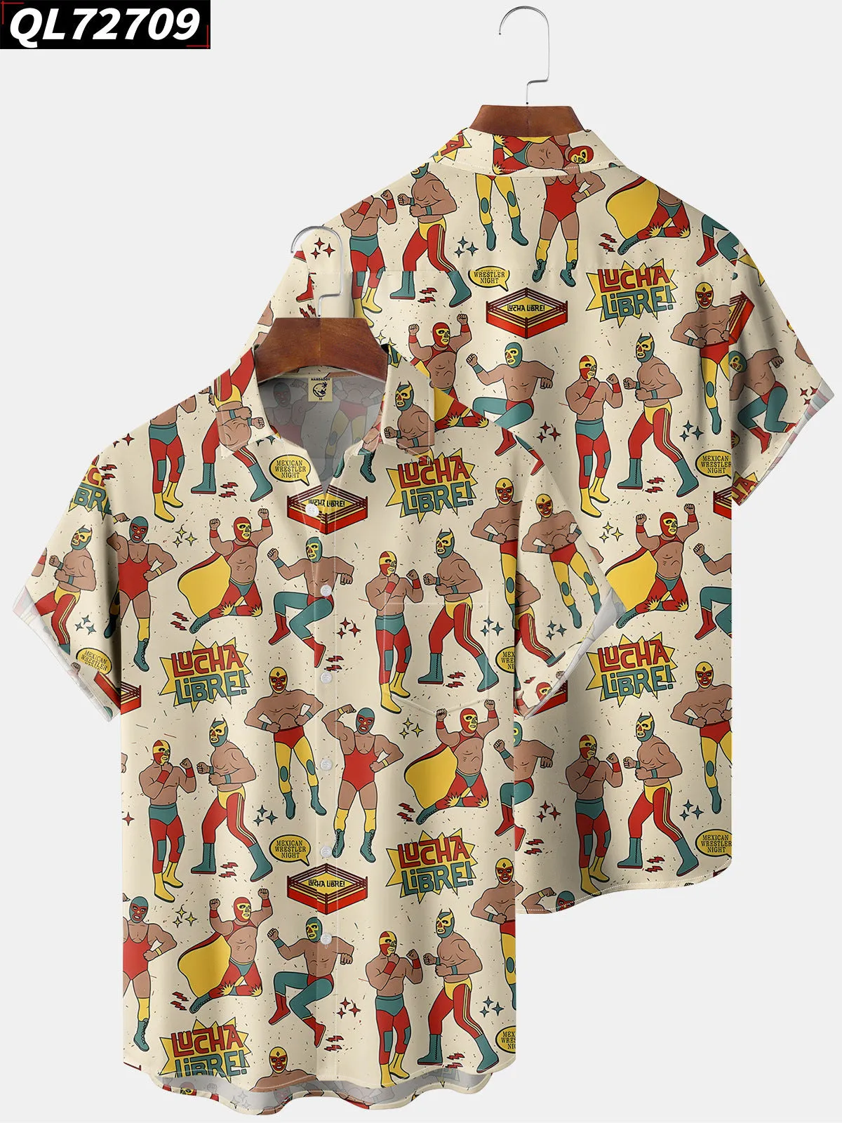 Ribbed Trim 3D Digital Printing Stylish Loose Short Sleeve Shirt