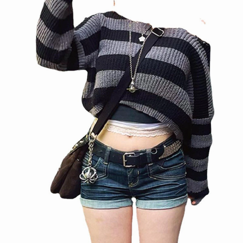 Missing Shoulder Crop Loose Spice Girl Knit Women's Striped Bump Color Top Ventilated Underarm Design Relax Fit Wear