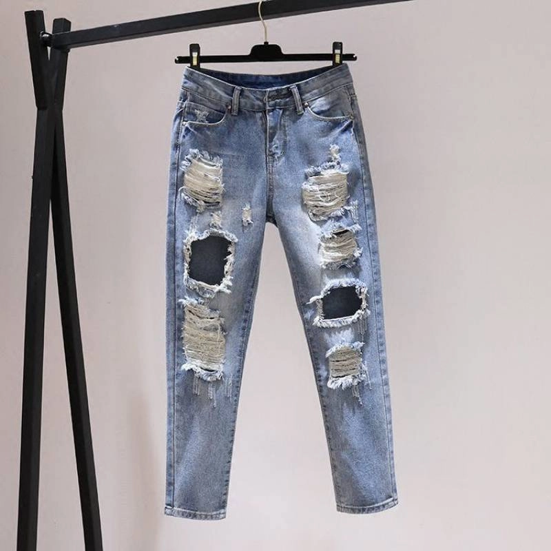 Crosshatch Stitching Night Out City Walk Minimalist Korean Style All-match Social Style Ripped Harem Jeans Women's Pants Loose Wear Mixed Batch