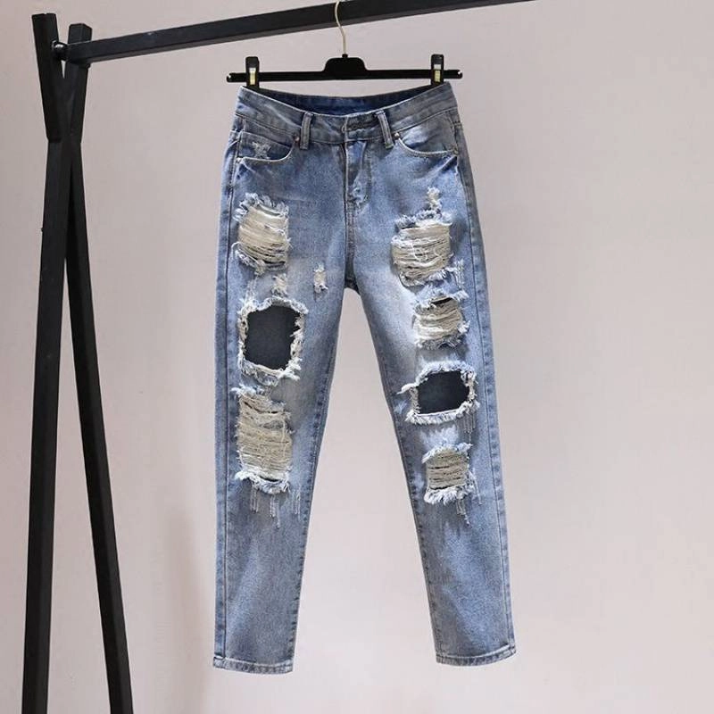 No Gap Waist Engineering Beach Day Breathable Korean Style All-match Social Style Ripped Harem Jeans Women's Pants Loose Wear Mixed Batch