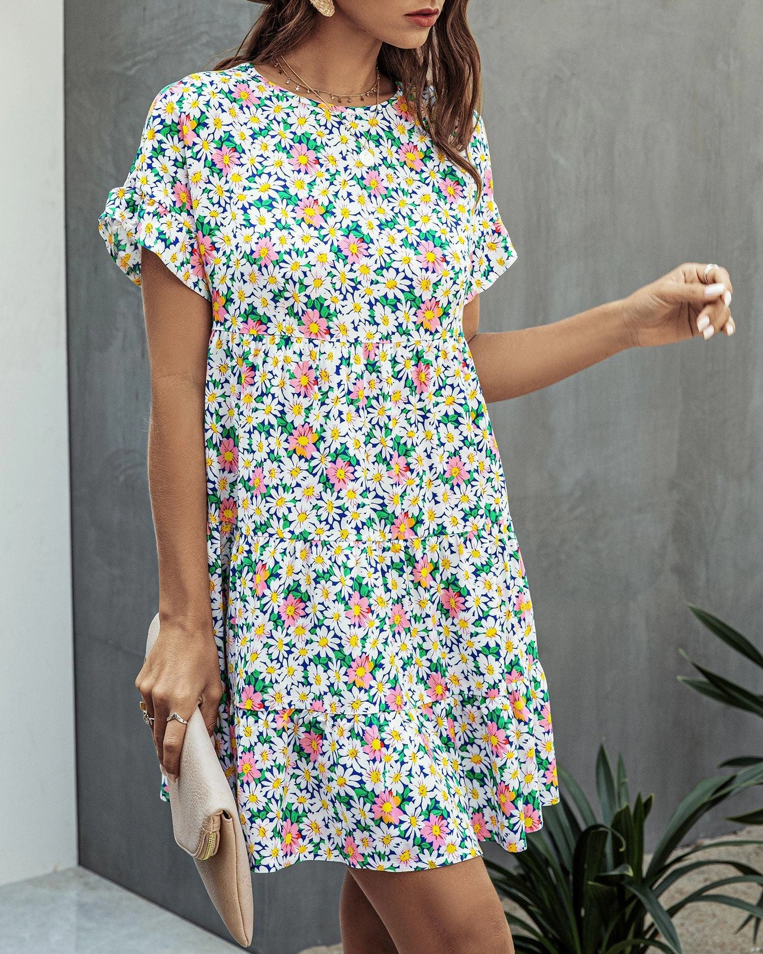 French Vibe Soft touch evening dress Leopard print round neck short sleeve loose dress