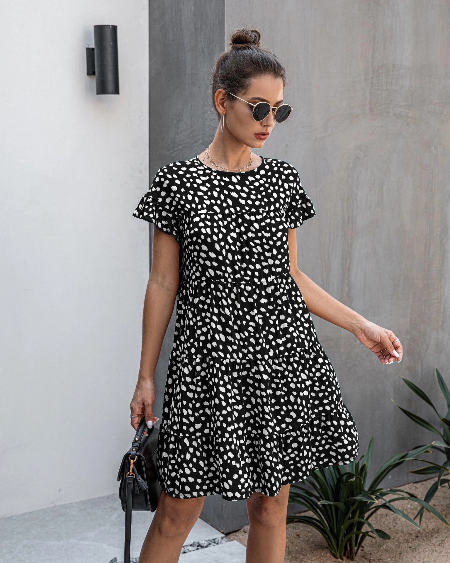 Warm Soft Leopard print round neck short sleeve loose dress