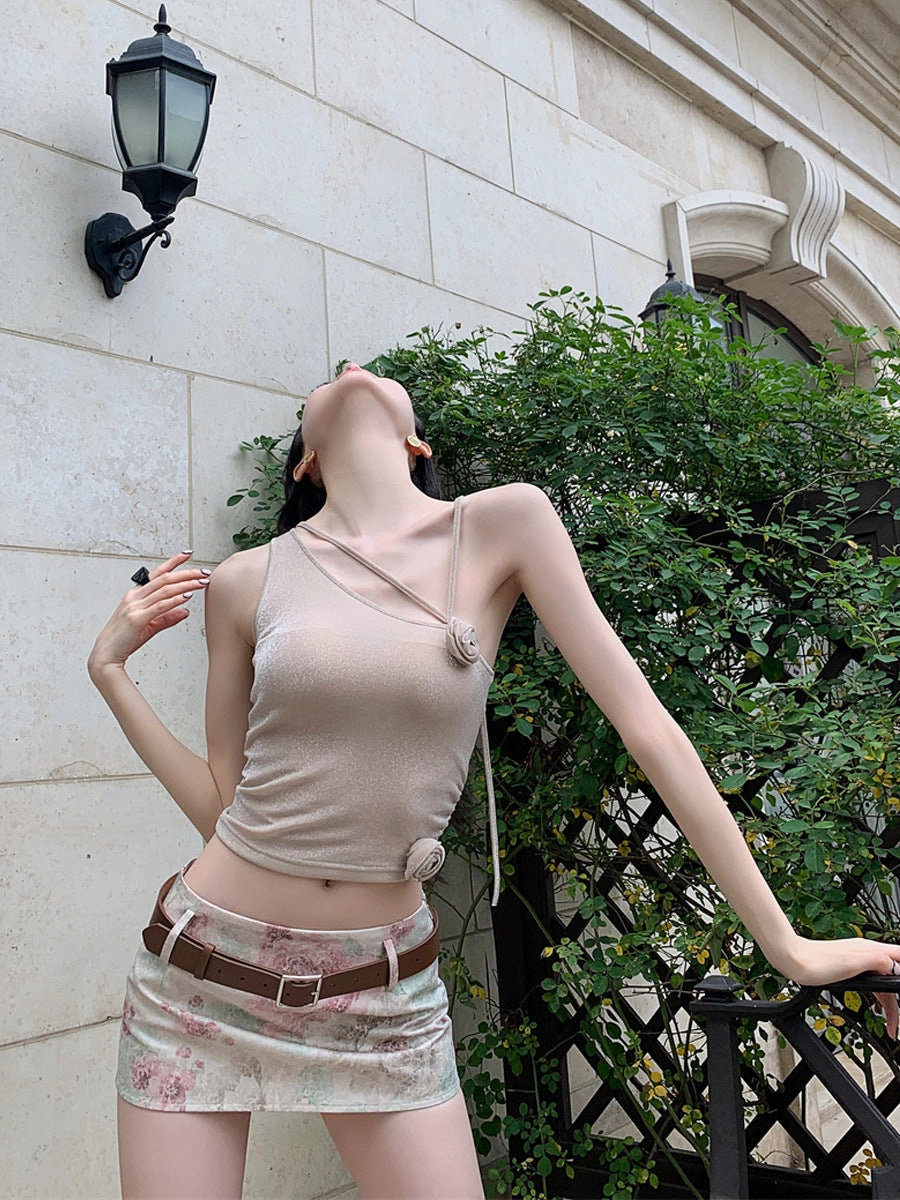 Champagne Cross Rose Shoulder Strap Top Low Waist Short Skirt Two-piece Suit Casual Minimal Event Classic