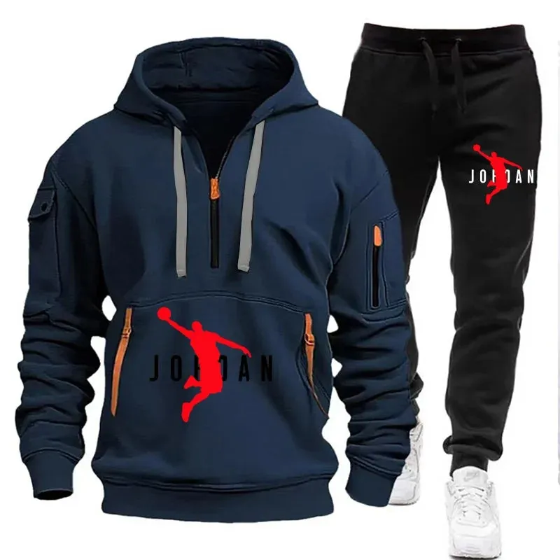 Tapered Side Panels NoSlip Grip men's tracksuit zipper hood multi-pocket and protective pants casual