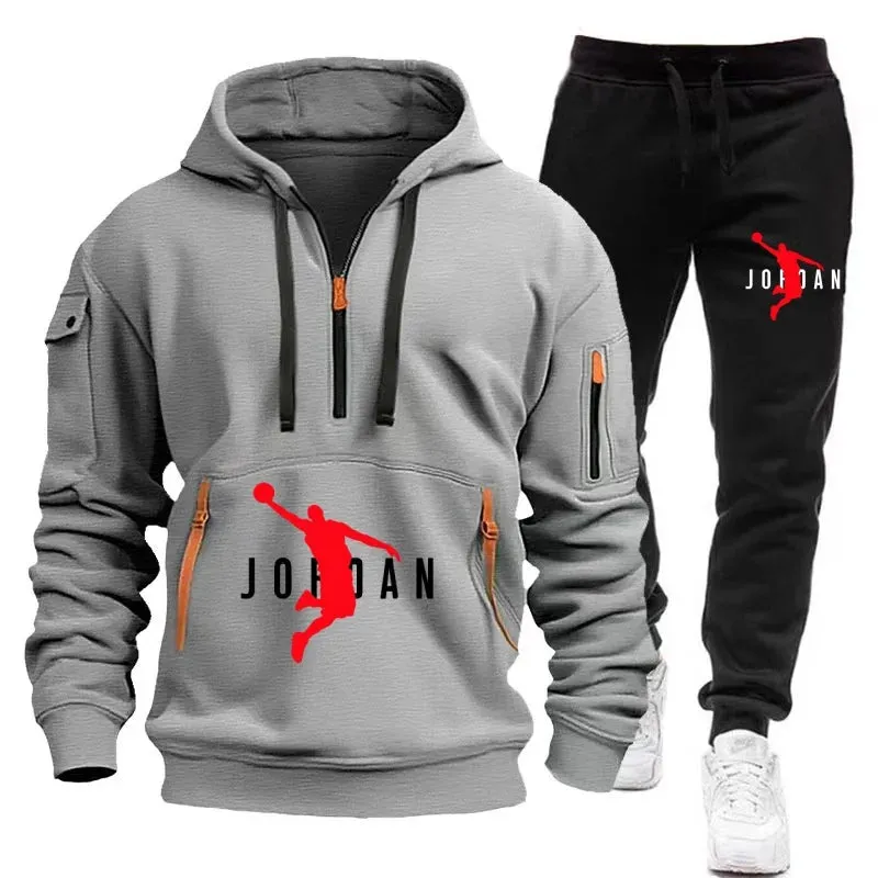 men's tracksuit zipper hood multi-pocket and protective pants casual High Thread Count Cotton