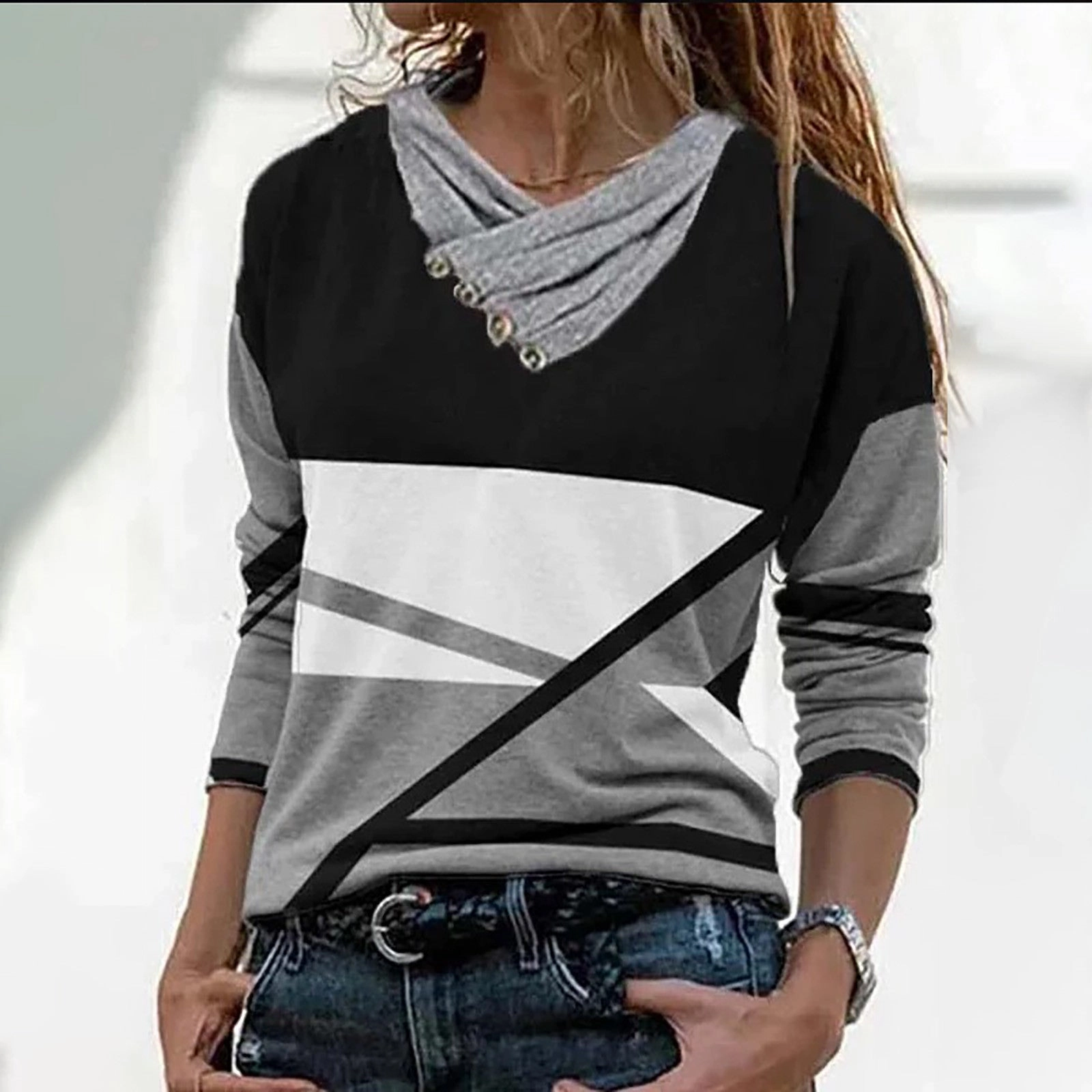 Sport Flex Fit Stripe Positioning Print Button Discount V-Neck Pullover Fashion Autumn Winter Top