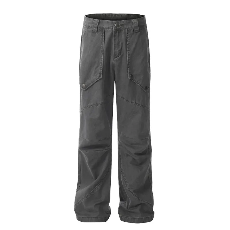 Work Ready Lightweight Textured Black Washed Pleated Large Pocket Design Loose Micro-flared Trousers