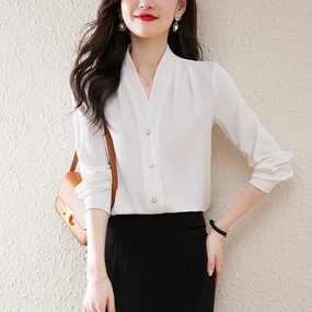 Mulberry Silk Women's New Long Sleeve V-Neck Shirt Top Sweat-Absorbing Sporty Appeal