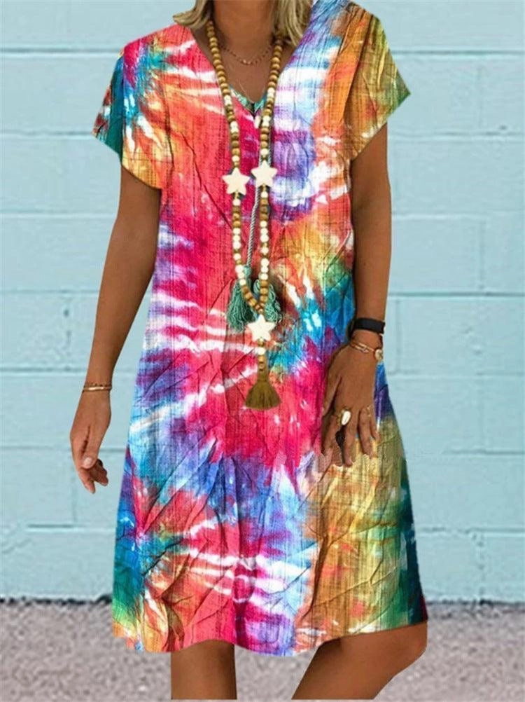 Multi-color printed short-sleeved V-neck dress Radiant Mood Fair-Trade
