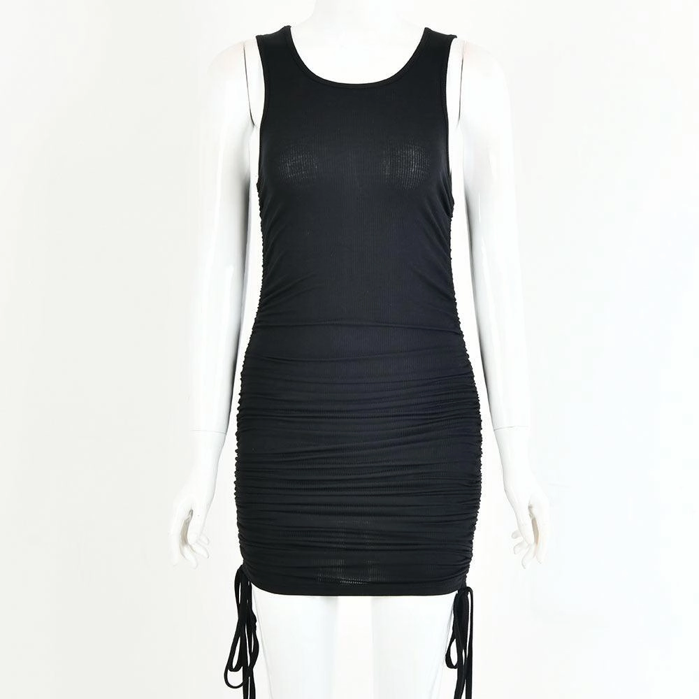 Collared Drawstring pleated sexy bag hip vest dress