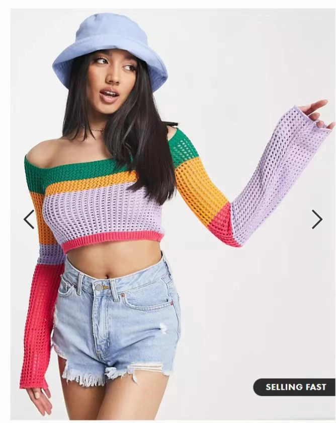 Warm and Fashionable Soft Warmth Multicolor Openwork Knitted Top Short Loose Off Shoulder Long Sleeve Sweater