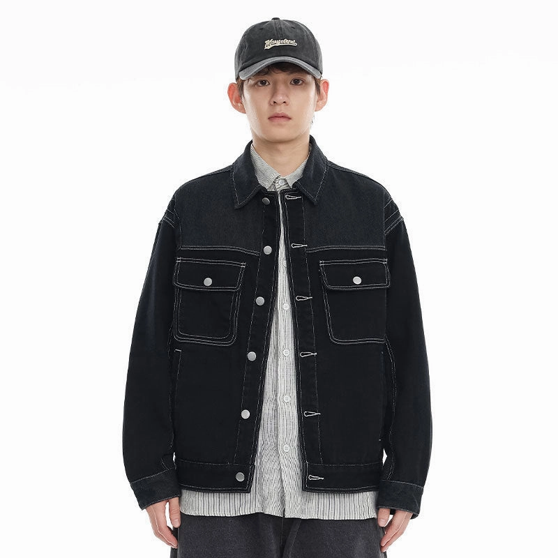 Color Stitching Turnover Neck Denim Coat Men And Women Cityboy Loose Workwear Casual Jacket ZeroWasteManufacturing