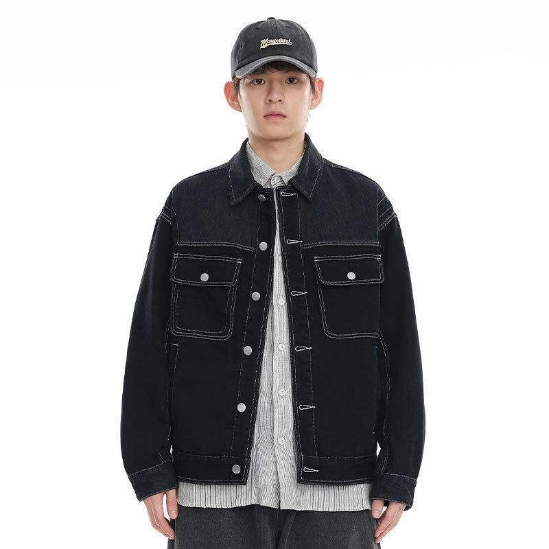 TexturedWeave ThermalRegulating Color Stitching Turnover Neck Denim Coat Men And Women Cityboy Loose Workwear Casual Jacket