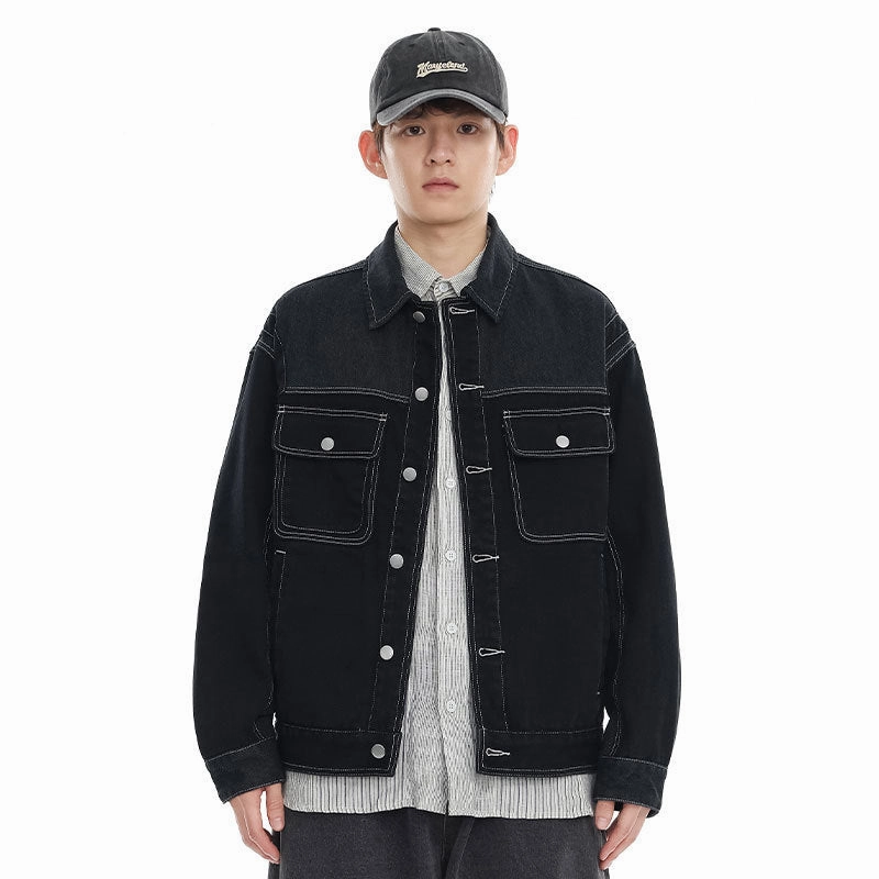 NonIrritatingNeckline StretchableYarn Color Stitching Turnover Neck Denim Coat Men And Women Cityboy Loose Workwear Casual Jacket