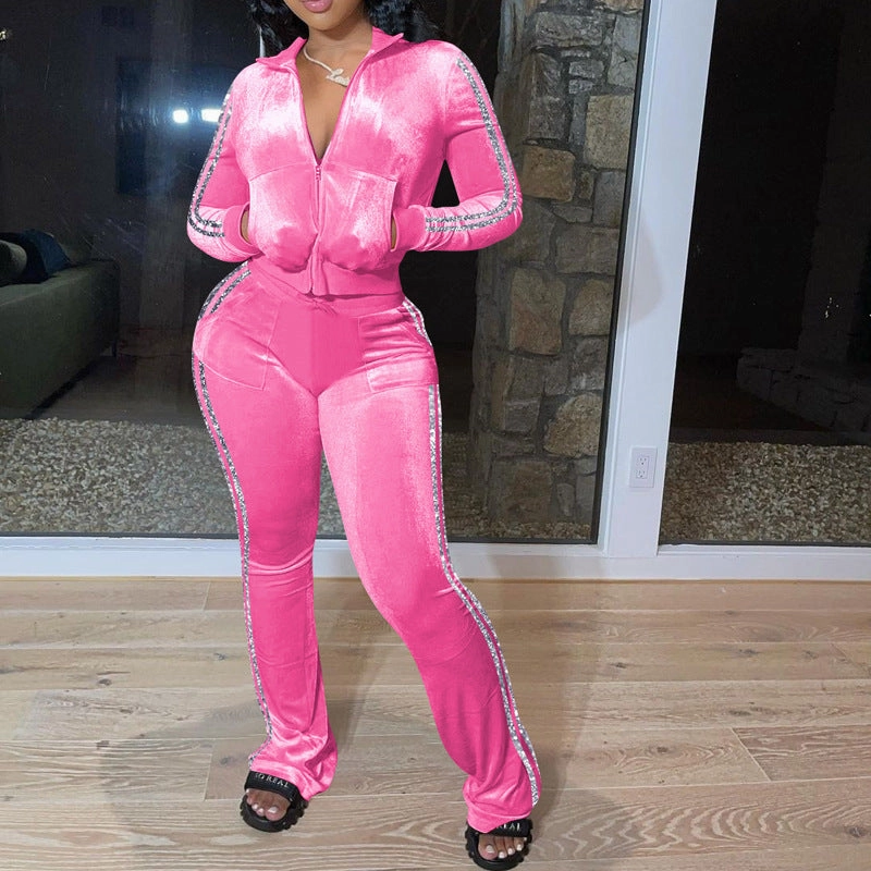 Dinner Resort Solid Color Golden Edge Velvet Leisure Sports Sweater Wide Leg Pants Two-piece Set