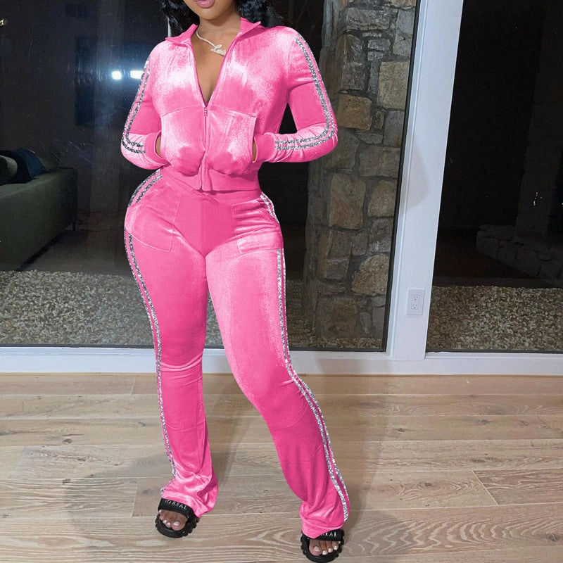 Retro Daily Solid Color Golden Edge Velvet Leisure Sports Sweater Wide Leg Pants Two-piece Set