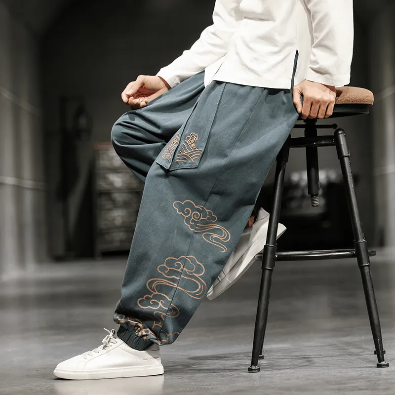 New Chinese Style Men'S Trousers Printed Loose Wide-Leg Trousers plus Size Ultra Soft Inner Layer