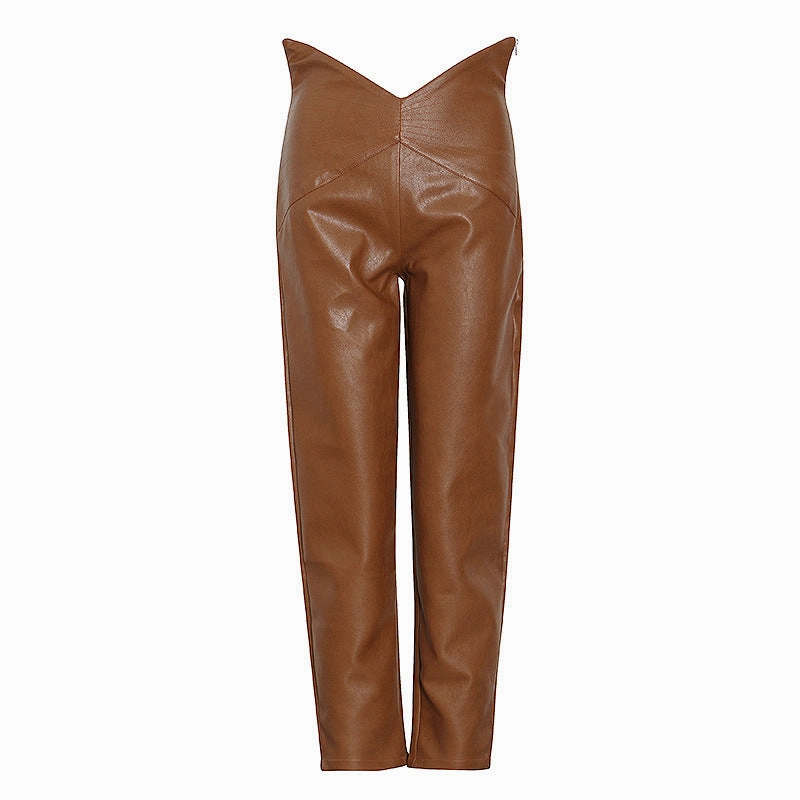 Zero Waste Manufacturing New Fashion High Waist Irregular Harem Leather Cropped Casual Pants