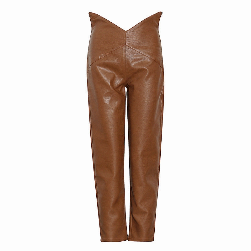 New Fashion High Waist Irregular Harem Leather Cropped Casual Pants Reflective accents Stylish Cut
