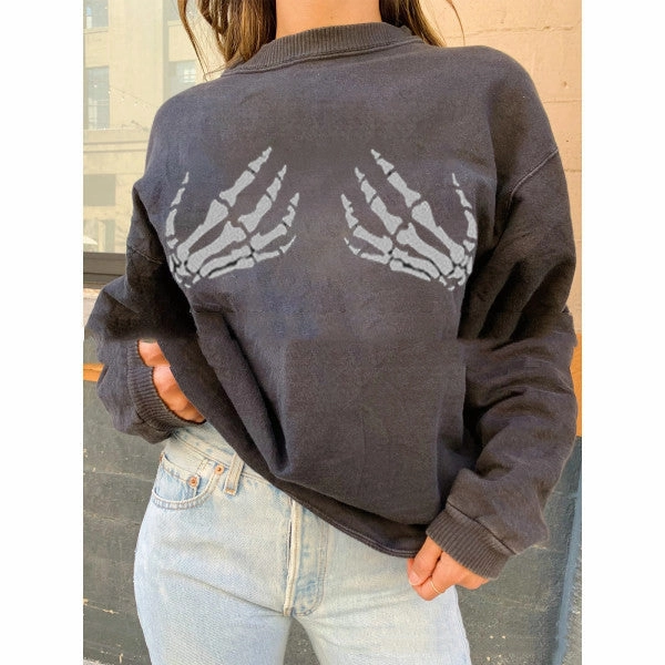 New Fashion Sweater Female White Bone Hand Print Loose Camping Trip Bohemian style