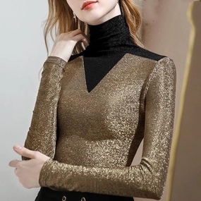 New High Neck Bottoming Shirt Women's Stitching Contrast Color Pullover Design