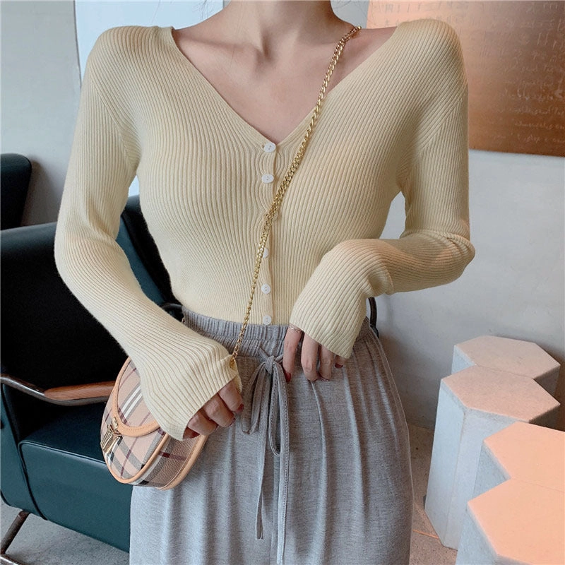 Lightweight Layer New V-neck Single-breasted Solid Color Bottom Knit For Women