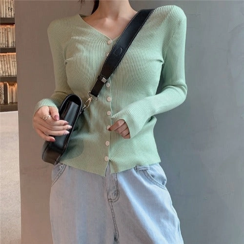 New V-neck Single-breasted Solid Color Bottom Knit For Women Oversized Fit Functional Flex