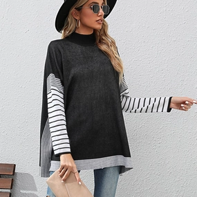 Casual Style Quick Dry Material New Women's Bat Sleeve Stripe Half High Neck Sweater