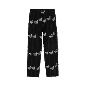 Niche Personality Butterfly Reflective Printing Stitching Tassel Harajuku Hip-Hop Street Straight Jeans Dark Ins Tide Adjustable Fit