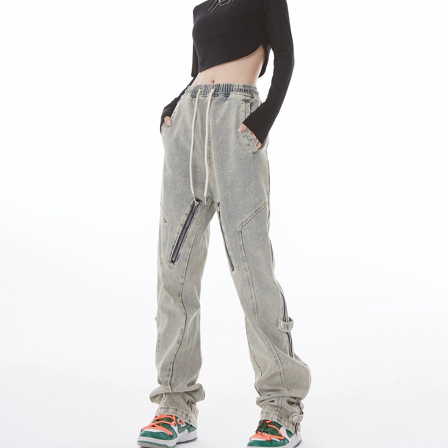 Niche Distressed Wash Jeans With Side Open Zipper Micro-flared Modern Minimalist Fashion Lover Earthy Soft