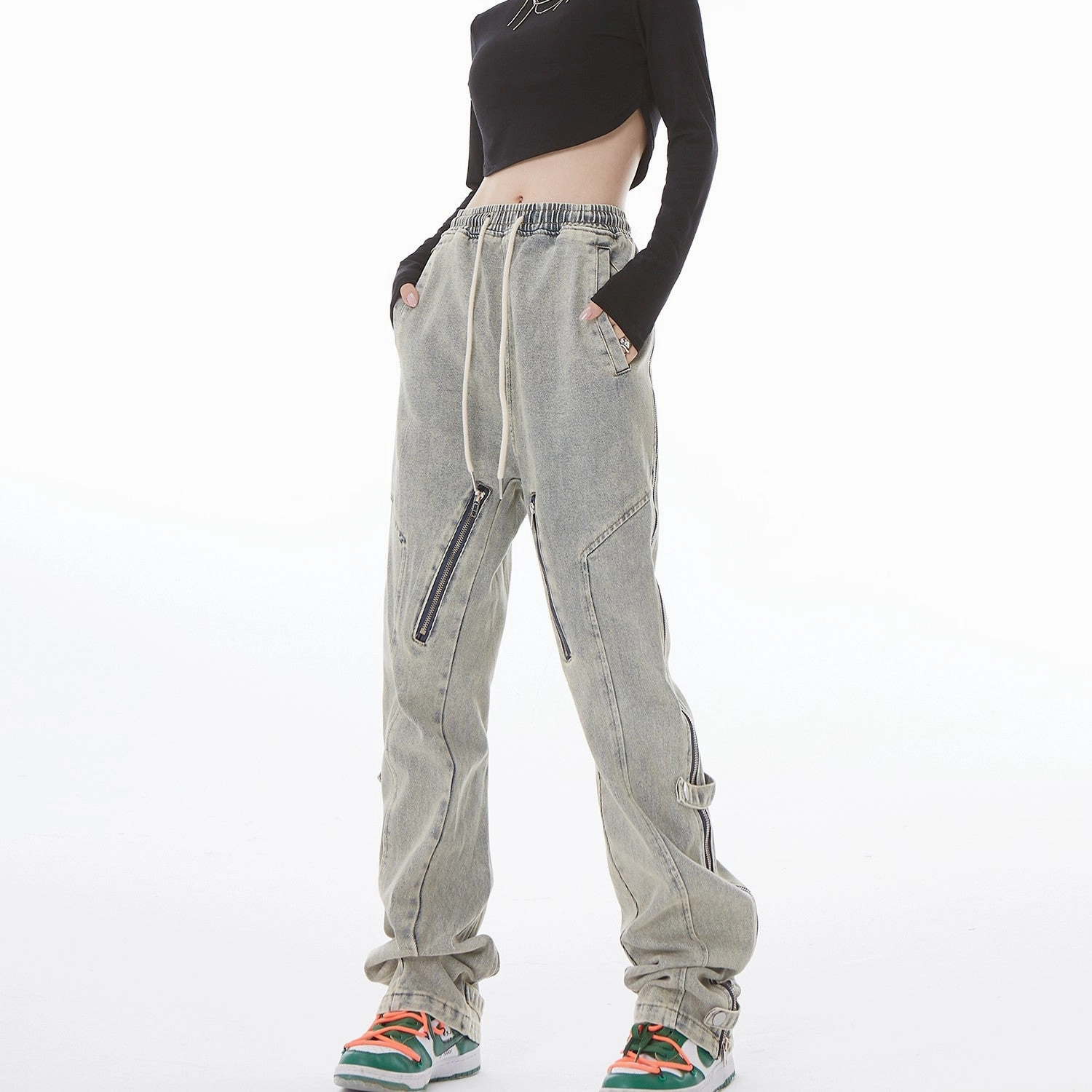 Niche Distressed Wash Jeans With Side Open Zipper Micro-flared Clean Fit