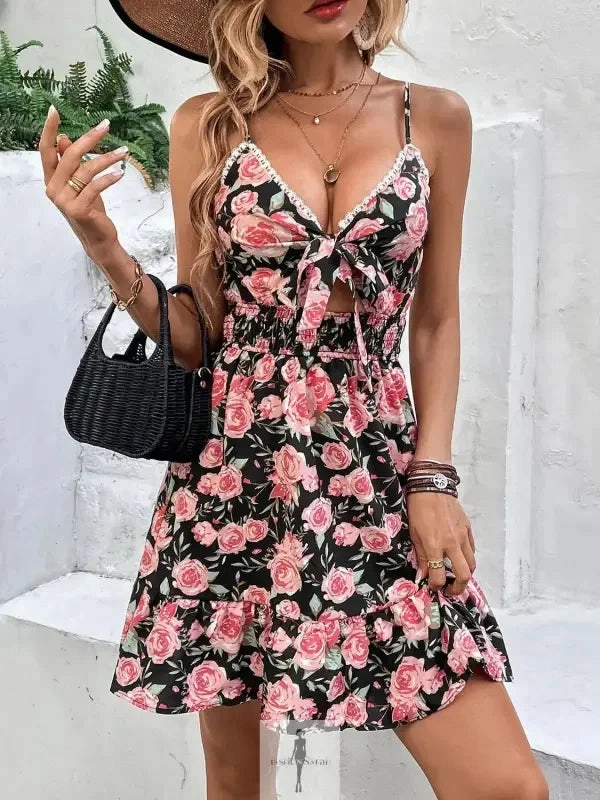 Tied Rose Print Spaghetti Strap Dress laid-back style
