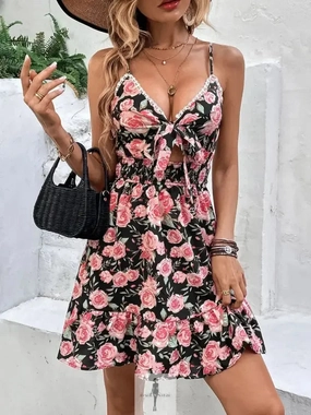 Tied Rose Print Spaghetti Strap Dress laid-back style