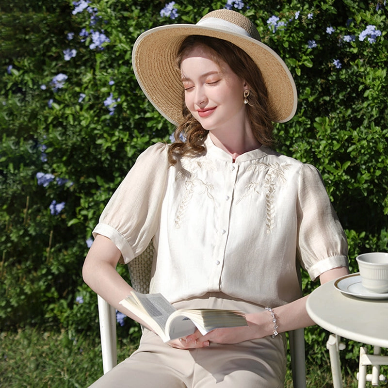 Elegant Silk Blend Chinese Style Puff Sleeve Blouse Standalone Option