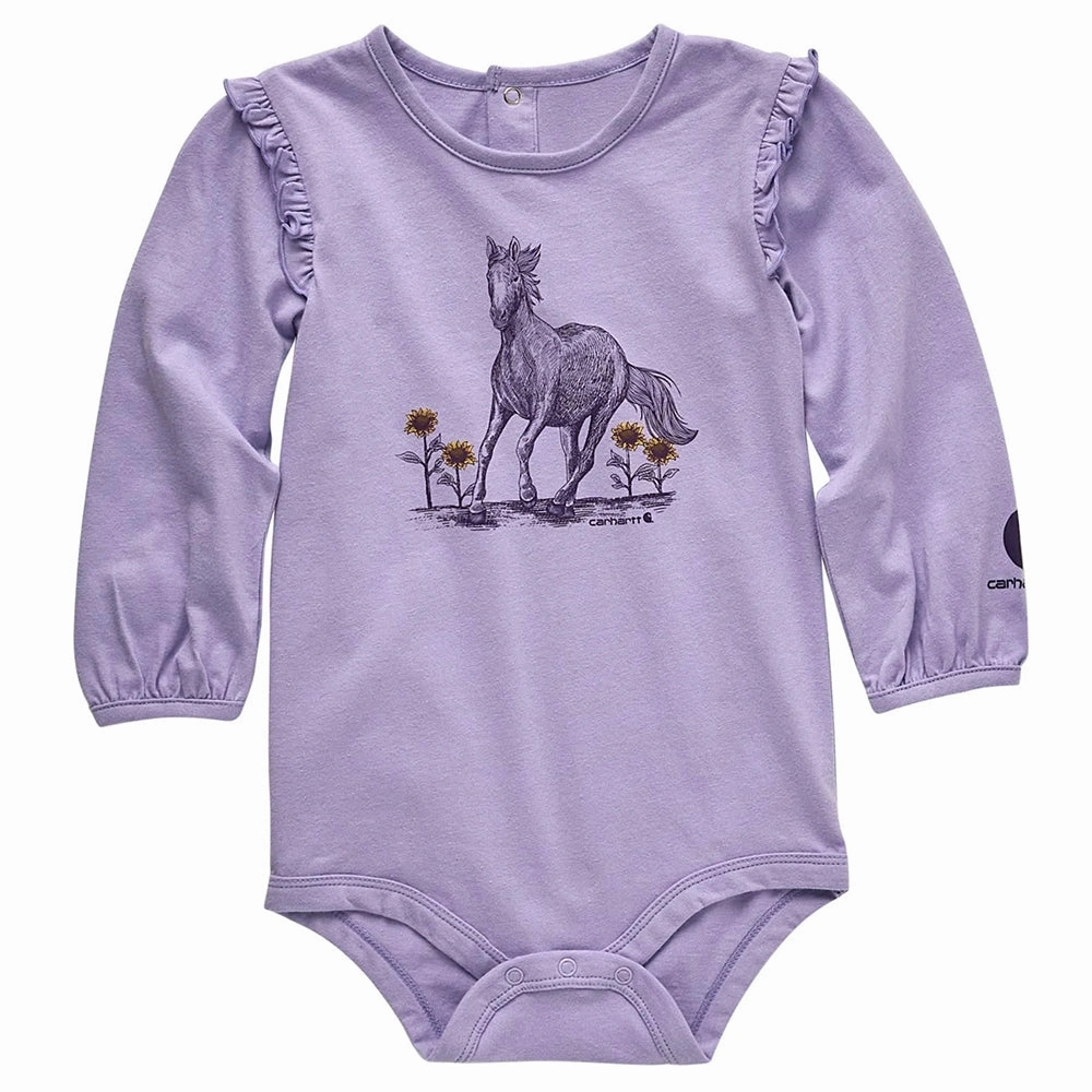 Sustainable Production Methods Raw Edge Detail Girls' Long-Sleeve Etched Horse Bodysuit CA9992