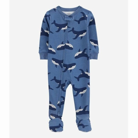 Elasticated Hem Baby Boy Whale Print Snug Fit Cotton Footie 1-Piece Pajamas - Navy 1S406310-969