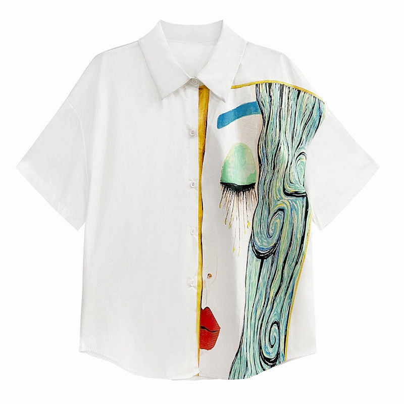 Women's Summer Thin Loose Printed Short-sleeved Shirt Layered Collar Comfy Fit