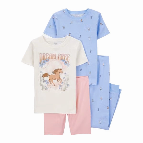 StainResistantFinish NonIrritating Seams Girls' 4-Piece Short-Sleeve Horse Pajama Set 3S902810