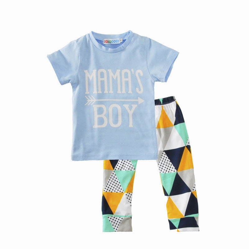 Tencel Lyocell Fiber Children's Clothing Boy Suit Short-Sleeved T-Shirt Blue Letter Arrow Geometric Pants Baby Two-Piece Suit