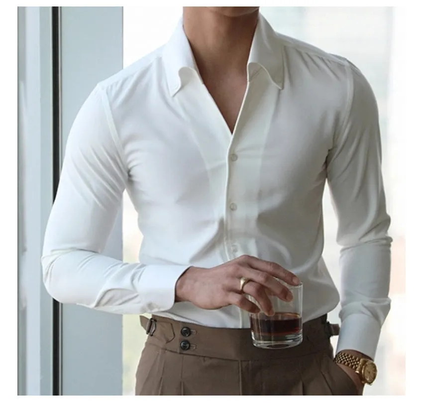 Autumn New Italian Collar Young Men's Shirt VNeckline Layered Hem Detailing