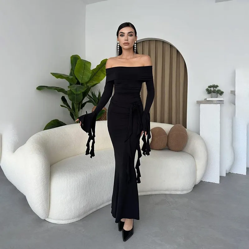 Off-shoulder Flower Ribbon Dress Women's Fashion Church Scene