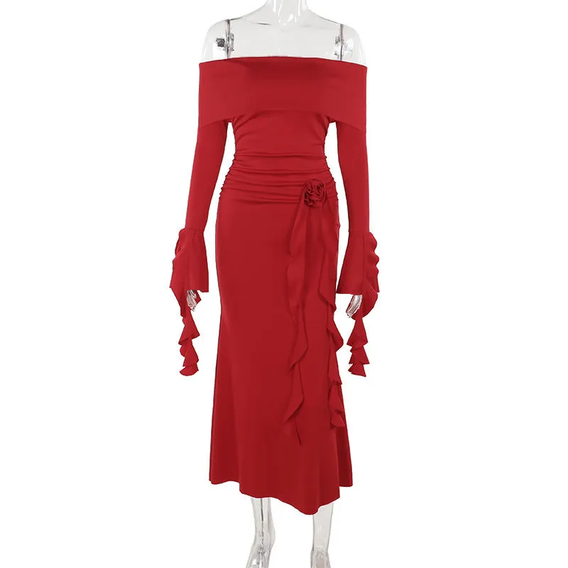 V Neckline Sophisticated Appeal Off-shoulder Flower Ribbon Dress Women's Fashion