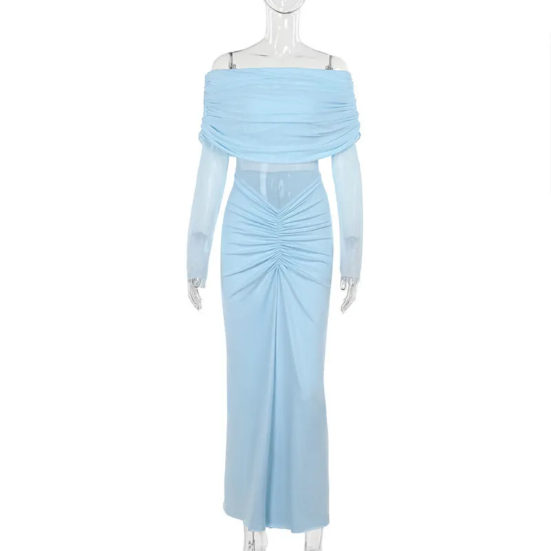 Off-shoulder Mesh Pleated Dress Women Urban Touch