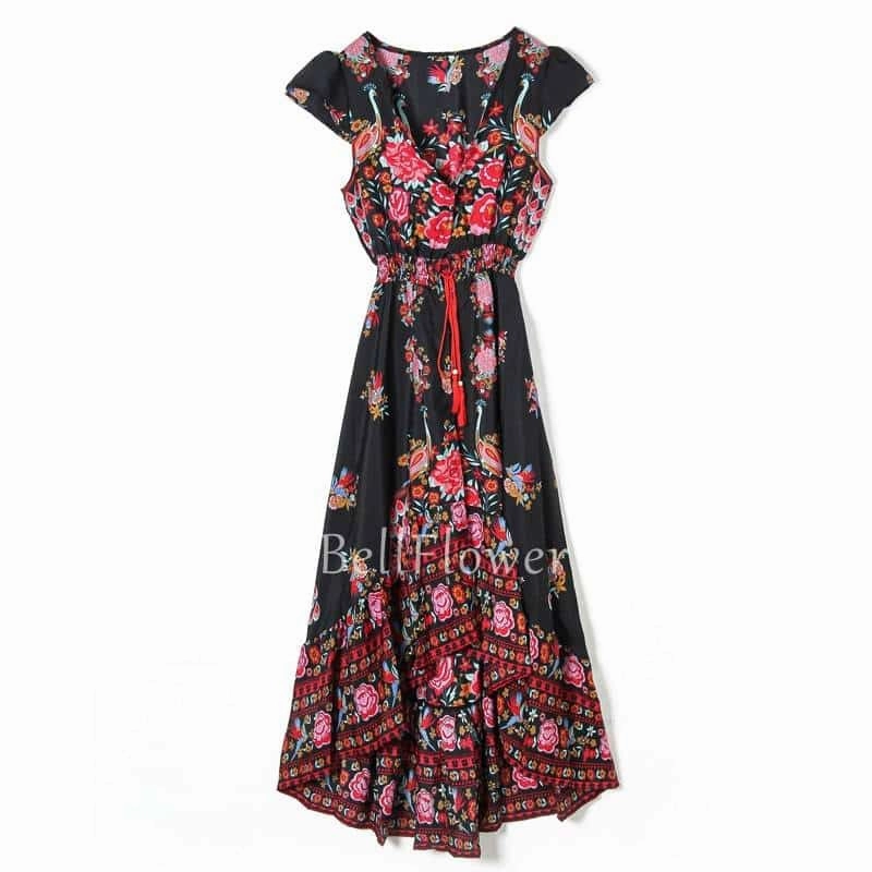 Women's Boho V-Neck Printed Dress Flap-Detail Fashionable Style
