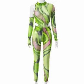 Stretching Fit One Shoulder Bodysuit Gloves with Pants