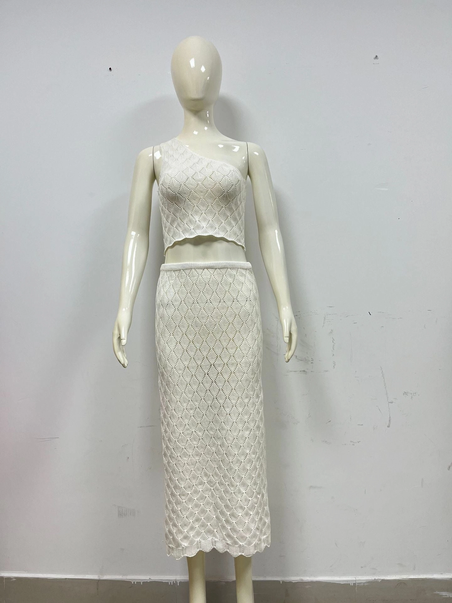 One-shoulder Knitted Spaghetti-strap Camisole Top Skirt Suit Fine Beach