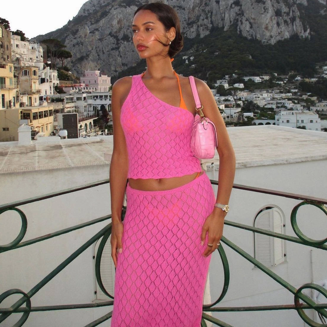 Durable Festival One-shoulder Knitted Spaghetti-strap Camisole Top Skirt Suit