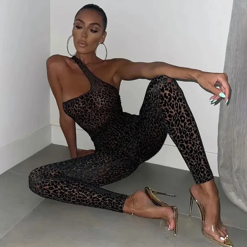 One Shoulder Leopard Jumpsuits Charming Basic